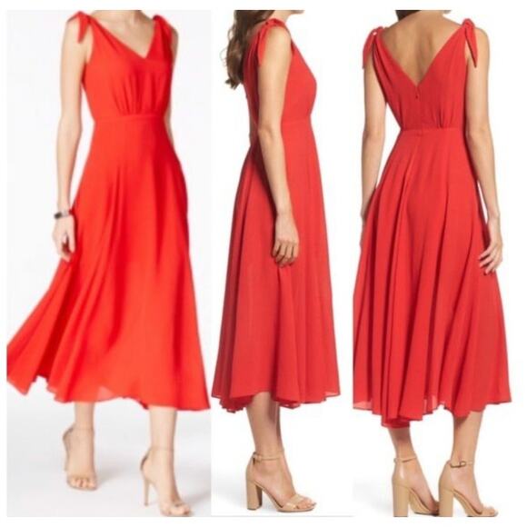 Betsy Johnson Pebble Crepe Midi Dress with Shoulder Ties in Red Size 6 - Picture 1 of 3